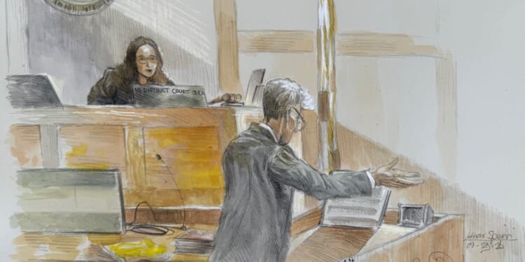 This courtroom sketch shows U.S. District Judge Aileen Cannon listening to Ryan Routh during his trial on charges of attempting to assassinate Donald Trump last year at a golf course in South Florida.