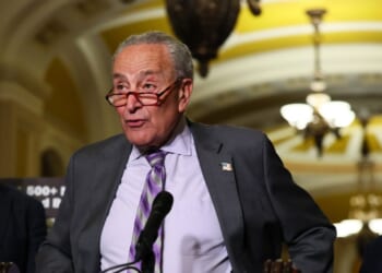 Senate Minority Leader Chuck Schumer, a Democrat from New York, gives a statement after a policy luncheon with Democratic lawmakers at the U.S. Capitol on July 15, 2025, in Washington, D.C.