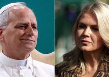 White House press secretary Karoline Leavitt, right, fired back after Pope Leo XIV, left, said a person cannot be pro-life but support the inhumane treatment of illegal immigrants.