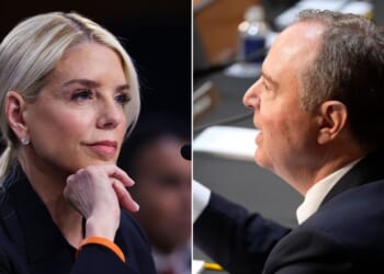 Sen. Adam Schiff, right, a California Democrat, had a tense exchange Tuesday with Attorney General Pam Bondi, left, during a Senate Judiciary Committee hearing on Capitol Hill in Washington, D.C.
