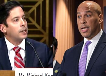 Michael Knowles, left, discussed statements by Sen. Cory Booker, right, endorsing a Virginia Democrat who has fantasized about murdering a Republican opponent and his family.