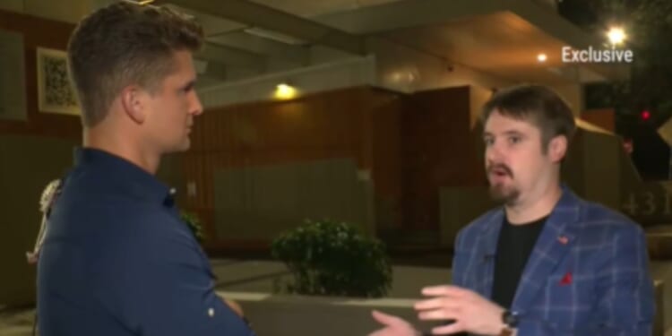 Fox News reporter Bill Melugin interviews independent conservative journalist Nick Sortor after his arrest by police in Portland, Oregon, on the night of Oct. 2, 2025.