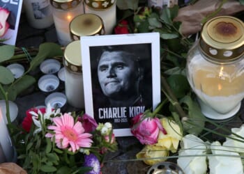A makeshift memorial for Charlie Kirk seen in Berlin, Germany, on Sept. 14, 2025.