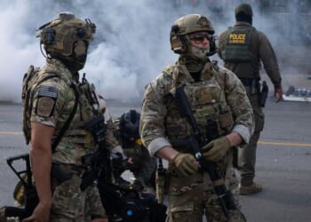Police take two people into custody as tear gas fills the air after it was used by federal law enforcement agents who were being confronted by community members and activists in the Chicago area.