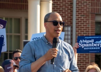 Jay Jones, who is running to become Virginia's attorney general in 2025, speaks to the audience during Abigail Spanberger's bus tour stop at Stacy C. Sherwood Community Center in Fairfax, Virginia, on June 26, 2025.
