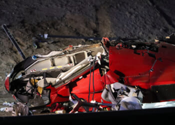 A medical helicopter is shown after it crashed on Highway 50 in Sacramento, California, on Monday.