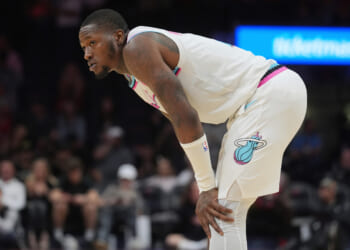 Miami Heat guard Terry Rozier looks up court during the last seconds of the second half of an NBA basketball game against the Chicago Bulls on Saturday, March 8, 2025, in Miami, Florida.
