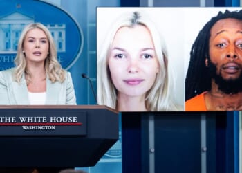 White House Press Secretary Karoline Leavitt speaks alongside a photo of Ukrainian refugee Iryna Zarutska, who was allegedly killed by Decarlos Brown Jr., on a light rail train in Charlotte, North Carolina, during a press briefing in the Brady Press Briefing Room of the White House in Washington, D.C, Sept. 9, 2025.