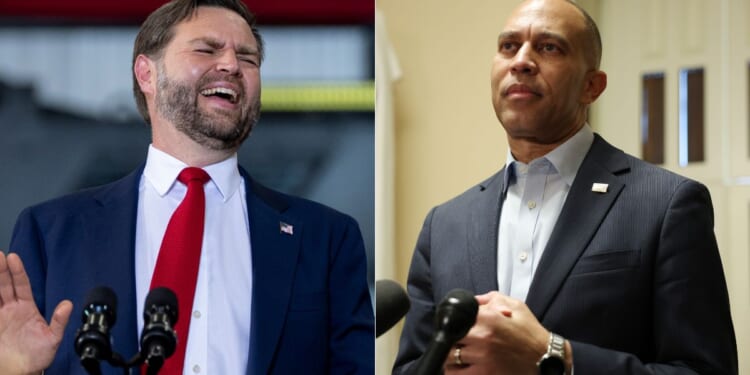 House Minority Leader Hakeem Jeffries, right, attempted to make a meme mocking Vice President J.D. Vance -- after Jeffries became a meme utilized by the White House -- but his attempt backfired spectacularly.