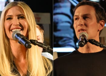 Ivanka Trump, left, and Jared Kushner, right, speak to the crowd at Hostages Square in Tel Aviv, Israel, on Saturday.