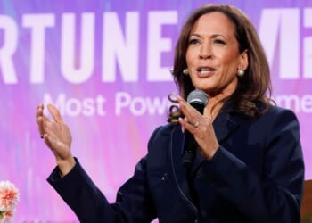 Former Vice President Kamala Harris speaks onstage during the Fortune Most Powerful Women Gala 2025 at Washington National Cathedral October 14 in Washington, D.C. The Democratic National Committee is still paying down debt from Harris' failed 2024 campaign for president.