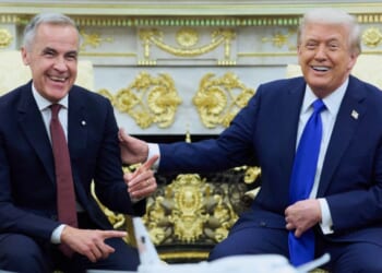 President Donald Trump meets with Canadian Prime Minister Mark Carney Tuesday in the Oval Office of the White House in Washington, D.C.