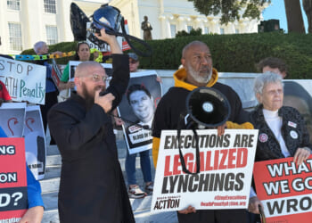 The Rev. Jeff Hood speaks at a protest against the death penalty on Wednesday, Oct. 22, 2025, at the Alabama Capitol in Montgomery, Alabama.