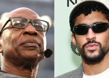 Legendary NFL running back Eric Dickerson, left, blasted the league's decision to invite Puerto Rican music star Benito Antonio Martínez Ocasio, known by the stage name Bad Bunny, to perform at the Super Bowl halftime show in February. (Sam Hodde / Getty Images; Cindy Ord / Getty Images)