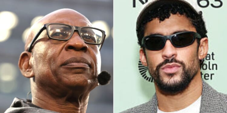 Legendary NFL running back Eric Dickerson, left, blasted the league's decision to invite Puerto Rican music star Benito Antonio Martínez Ocasio, known by the stage name Bad Bunny, to perform at the Super Bowl halftime show in February. (Sam Hodde / Getty Images; Cindy Ord / Getty Images)