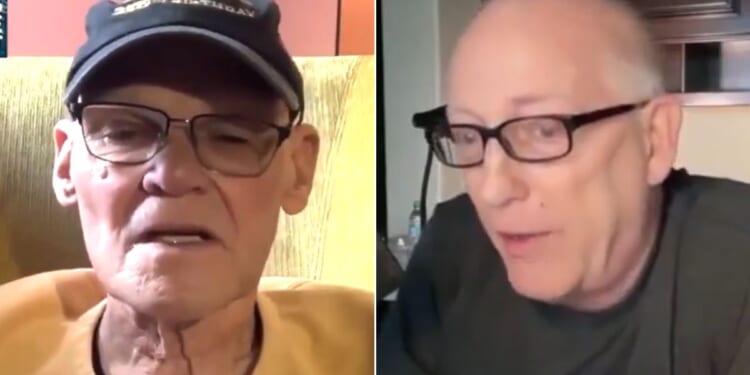 Conservative commentator and cartoonist Scott Adams, right, was repulsed by Democratic political consultant James Carville, left, who shared his fantasy about Trump "collaborators" being marched down Pennsylvania Avenue with shaven heads and orange "pajamas," "And the public should be invited to spit on them."