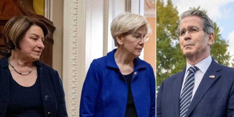 Treasury Secretary Scott Bessent, right, posted a message on social media to Democratic Sens. Amy Klobuchar of Minnesota and Elizabeth Warren of Massachusetts: "You are failures."