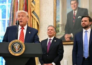 Vice President J.D. Vance looks on as President Donald Trump participates in a swearing-in ceremony for the Special Envoy Steve Witkoff in the Oval Office of the White House in Washington, D.C., on May 6, 2025.