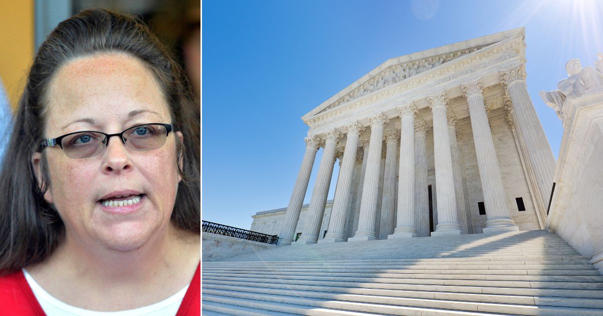 Kim Davis, seen in a file photo from September 2015, makes a statement to the media at the front door of the Rowan County Judicial Center in Morehead, Kentucky. The former Kentucky county clerk who refused to issue marriage licenses to same-sex couples is appealing a ruling ordering her to pay thousands in attorney fees and is asking for the overturning of the Obergefell case that made sames-sex marriage the law of the land.