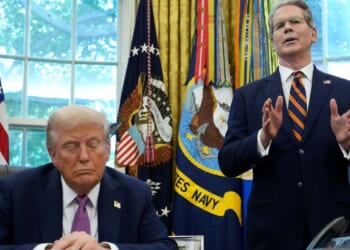 Treasury Secretary Scott Bessent, right, speaks alongside President Donald Trump, left, during a media availability session in the Oval Office of the White House in Washington, D.C., on Sept. 5.