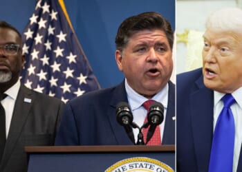 President Donald Trump called out Chicago Mayor Brandon Johnson, left, and Illinois Gov. JB Pritzker for “failing to protect ICE Officers.”