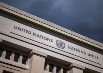 A sign of the United Nations sits on the side of a building housing UN offices in Geneva on Sept. 15, 2025.