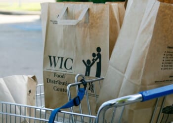 Grocery bags with food from the Special Supplemental Nutrition Program for Women, Infants and Children, WIC, sit in a shopping cart before being loaded into a vehicle in Jackson, Mississippi, on Oct. 3, 2013.