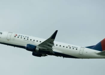 A Delta Connection Embraer E175LR departs San Diego International Airport on Aug. 15, 2025, in San Diego, California.