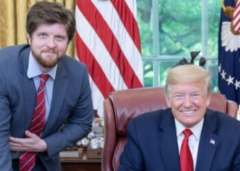 Buck Sexton, left, visits with President Donald Trump in the Oval Office of the White House in Washington, D.C.