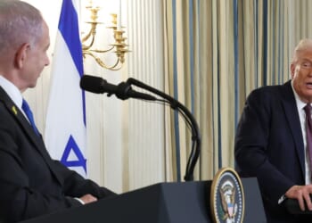President Donald Trump speaks with Israeli Prime Minister Benjamin Netanyahu during a joint news conference in Washington, DC, on Sept. 29, 2025.