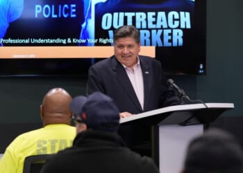 Illinois Gov. J.B. Pritzker meets with community violence intervention leaders as they hold an emergency response training to prepare for federal deployments in Chicago, Illinois, on Sept. 3, 2025.