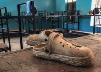 A pair of shoes is seen inside a student dormitory at St. Mary's Catholic School in Papiri, Agwarra local government, Niger state, on Nov. 23, 2025. Fifty of the more than 300 children snatched by militants from a Catholic school in Nigeria have escaped their captors, a Christian group said in a statement.
