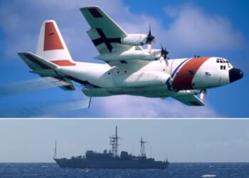A Coast Guard HC-130, similar to that shown in a file photo at top, helped monitor the Russian spy ship as it lingered near Hawaii.
