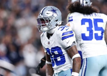 Alijah Clark of the Dallas Cowboys reacts during the fourth quarter against the Las Vegas Raiders at Allegiant Stadium on Nov. 17, 2025, in Las Vegas, Nevada.
