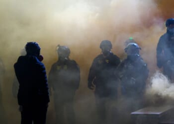 Anti-I.C.E. protesters clash with federal agents at the U.S. Immigration and Customs Enforcement building in Portland, Oregon, on Oct. 18.