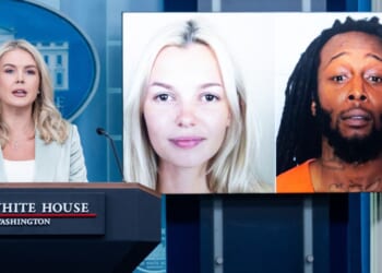 White House Press Secretary Karoline Leavitt speaks alongside a photo of Ukrainian refugee Iryna Zarutska, who was allegedly killed by Decarlos Brown Jr on a light rail train in Charlotte, North Carolina, during a press briefing in the Brady Press Briefing Room of the White House in Washington, D.C., on Sept. 9, 2025.
