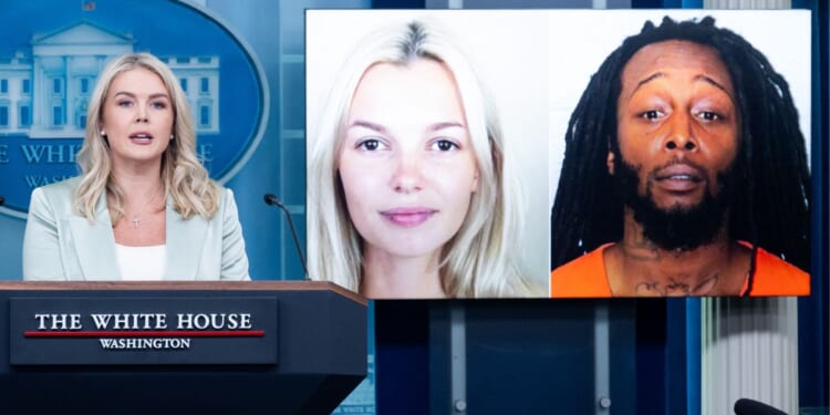 White House Press Secretary Karoline Leavitt speaks alongside a photo of Ukrainian refugee Iryna Zarutska, who was allegedly killed by Decarlos Brown Jr on a light rail train in Charlotte, North Carolina, during a press briefing in the Brady Press Briefing Room of the White House in Washington, D.C., on Sept. 9, 2025.