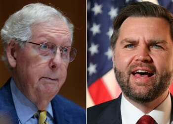 Vice President J.D. Vance, right, had plenty to say about the skewed priorities of longtime politicians like outgoing GOP Sen. Mitch McConnell of Kentucky, left.