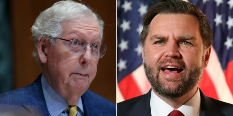 Vice President J.D. Vance, right, had plenty to say about the skewed priorities of longtime politicians like outgoing GOP Sen. Mitch McConnell of Kentucky, left.