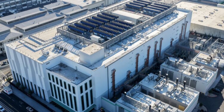 An aerial view of a 33 megawatt data center with closed-loop cooling system on Oct. 20, 2025, in Vernon, California.
