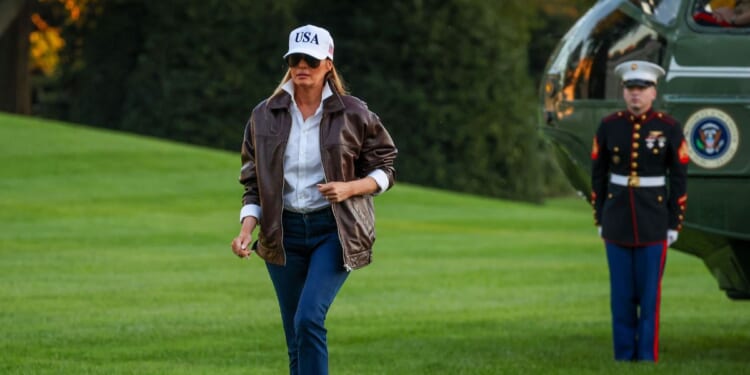 First Lady Melania Trump walks on the South Lawn of the White House on Oct. 5, 2025, in Washington, D.C.