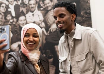 Minneapolis mayoral candidate State Sen. Omar Fateh, right, records an Instagram live video with Rep. Ilhan Omarof Minnesota as he campaigns on Election Day at the University of Minnesota in Minneapolis, Minnesota.