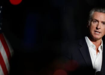 California Governor Gavin Newsom speaks to journalists in Stockton, California, on Oct. 22, 2025.