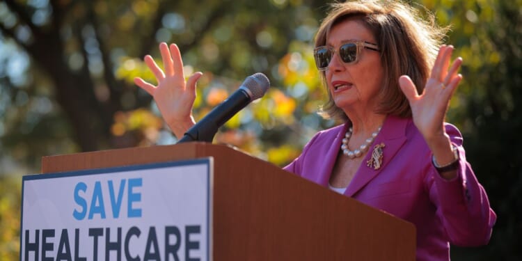 Rep. Nancy Pelosi gives a speech at a prayer rally on Capitol Hill on Oct. 9, 2025 in Washington, DC.