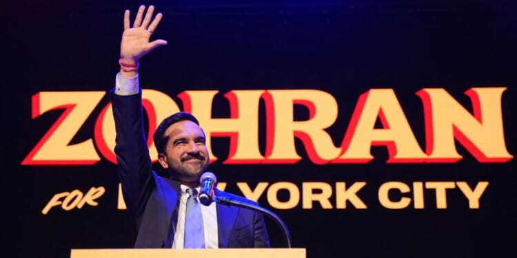 New York City Mayor-elect Zohran Mamdani celebrates during an election night event at the Brooklyn Paramount Theater in Brooklyn, New York, on Nov. 4, 2025.