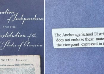 The Anchorage School District placed non-endorsement stickers on booklets containing the founding documents, as one parent posted via Facebook on Nov. 3, 2025.