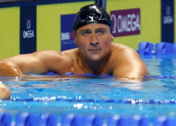 Olympic swimmer Ryan Lochte of the United States reacts after competing in the 2021 US Olympic Team Swimming Trials in Omaha, Nebraska, on June 18, 2021.