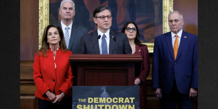 House Speaker Mike Johnson, a Louisiana Republican, center, joined by House Republican Leadership and U.S. Labor Secretary Lori Chavez-DeRemer, speaks during a news conference Tuesday on Capitol Hill in Washington, D.C.