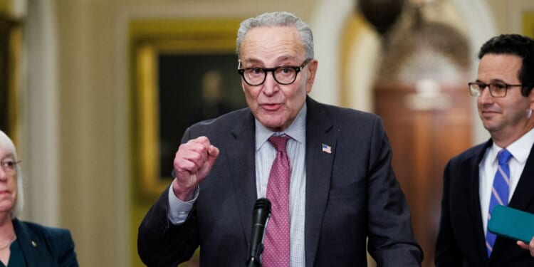 Senate Minority Leader Chuck Schumer speaks to the press on Capitol Hill in Washington, DC on Nov. 4, 2025.