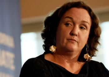 Rep. Katie Porter speaks at a town hall hosted by the advocacy group March For Our Lives at East LA College on Sept. 8, 2023.